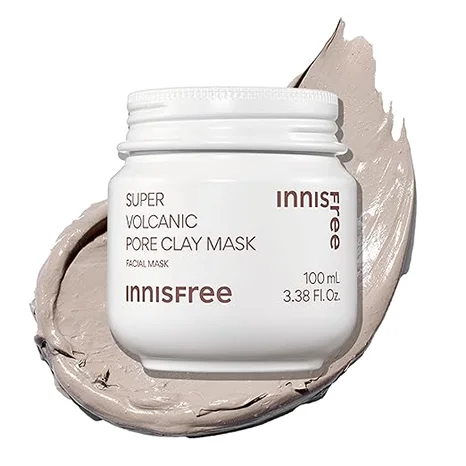 Innisfree super volcanic pore clay mask jar on a smear of the clay product. Includes jar details like size and branding.